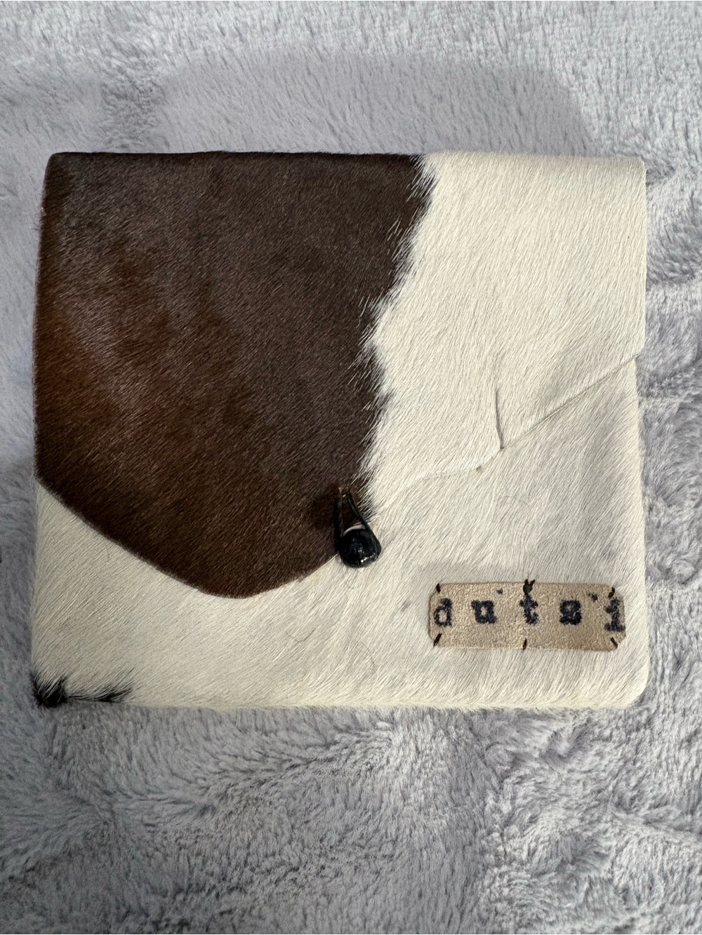 Cowhide Foldover Clutch in Brown and White - boutique style